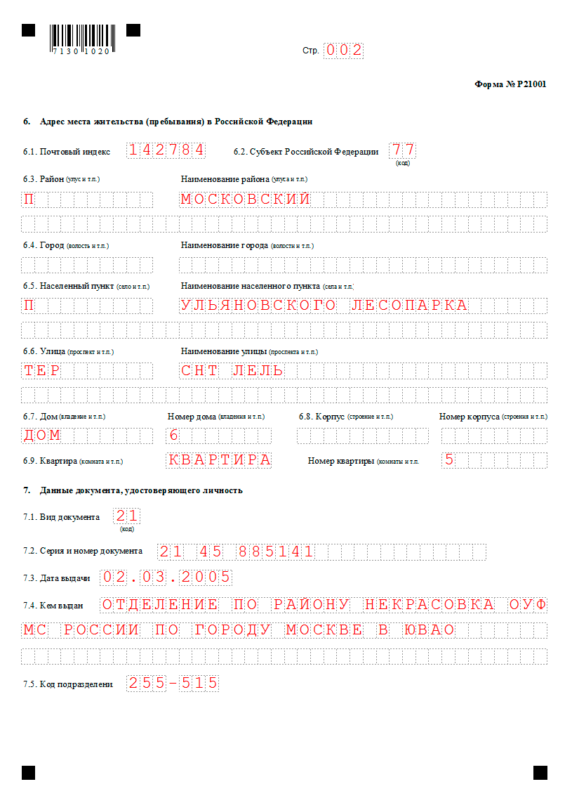 Образец заполнения р21001